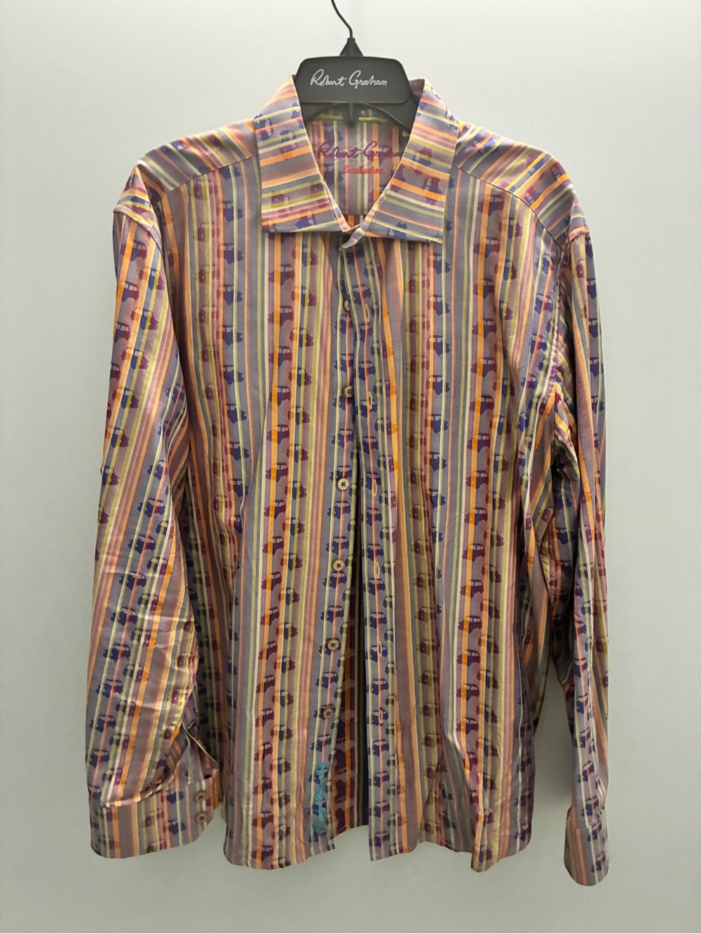 Robert Graham STRIPED CARS DAMASK Button-Up Shirt in Purple, Orange & Blue